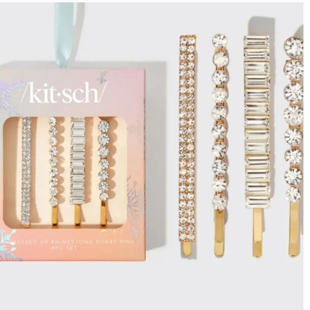 NEW /KIT-SCH/ Rhinestone Bobby Pins Set of 4 Gold Christmas Stocking Stuffer